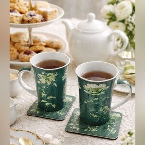 Set of 2 Porcelain Mugs and Matching Coasters
